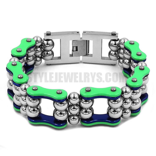 Stainless Steel Silver Steel Balls Biker Bracelet Stainless Steel Jewelry Fashion Green Blue Bicycle Chain Motor Bracelet SJB0337 - Click Image to Close